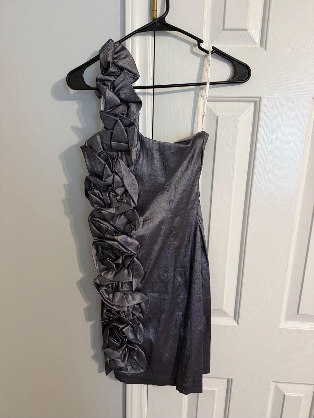 Snap One-Shoulder Metallic Charcoal Ruffle Dress